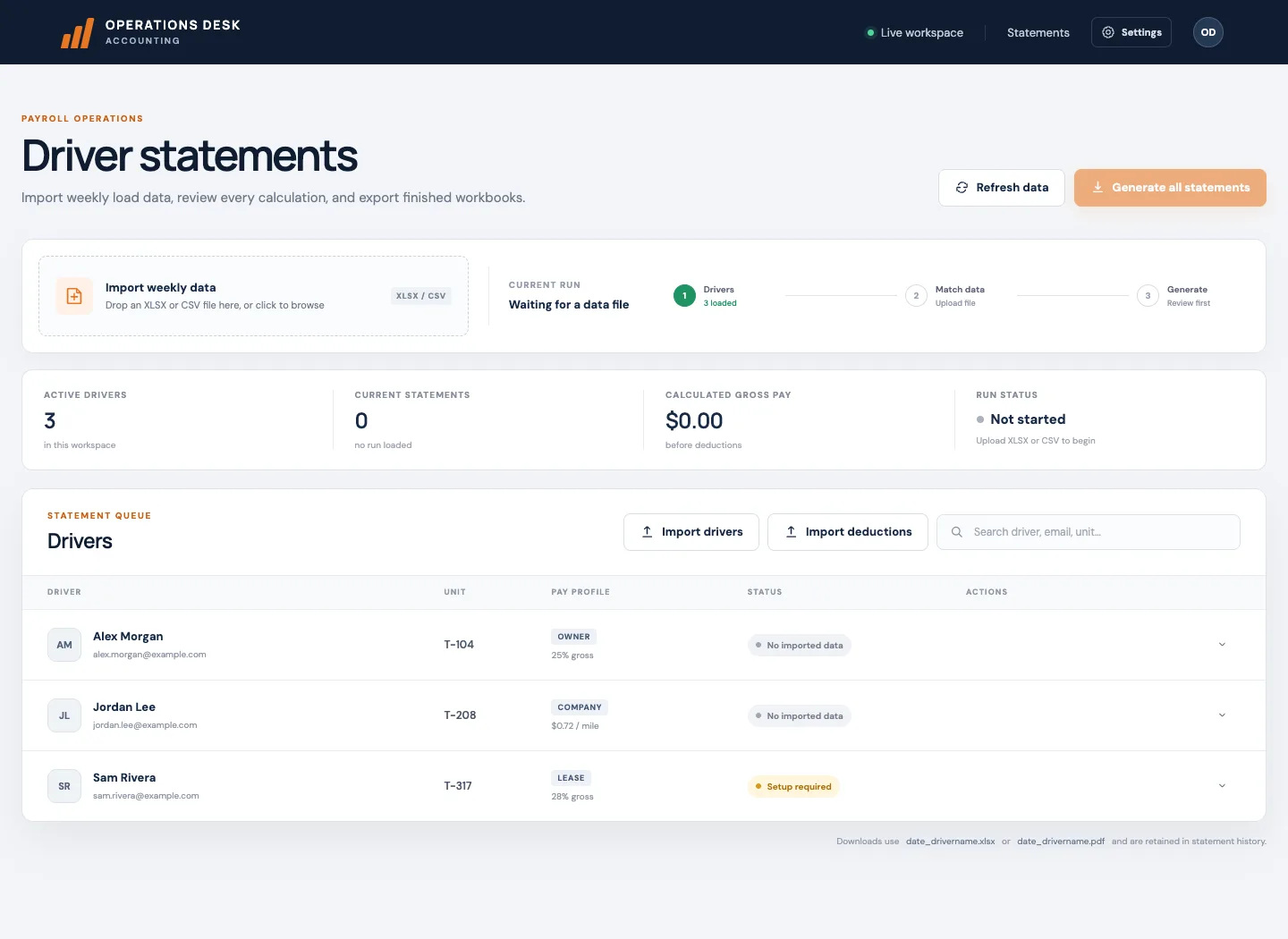 Driver statement workspace with spreadsheet import, pay profiles and statement generation controls