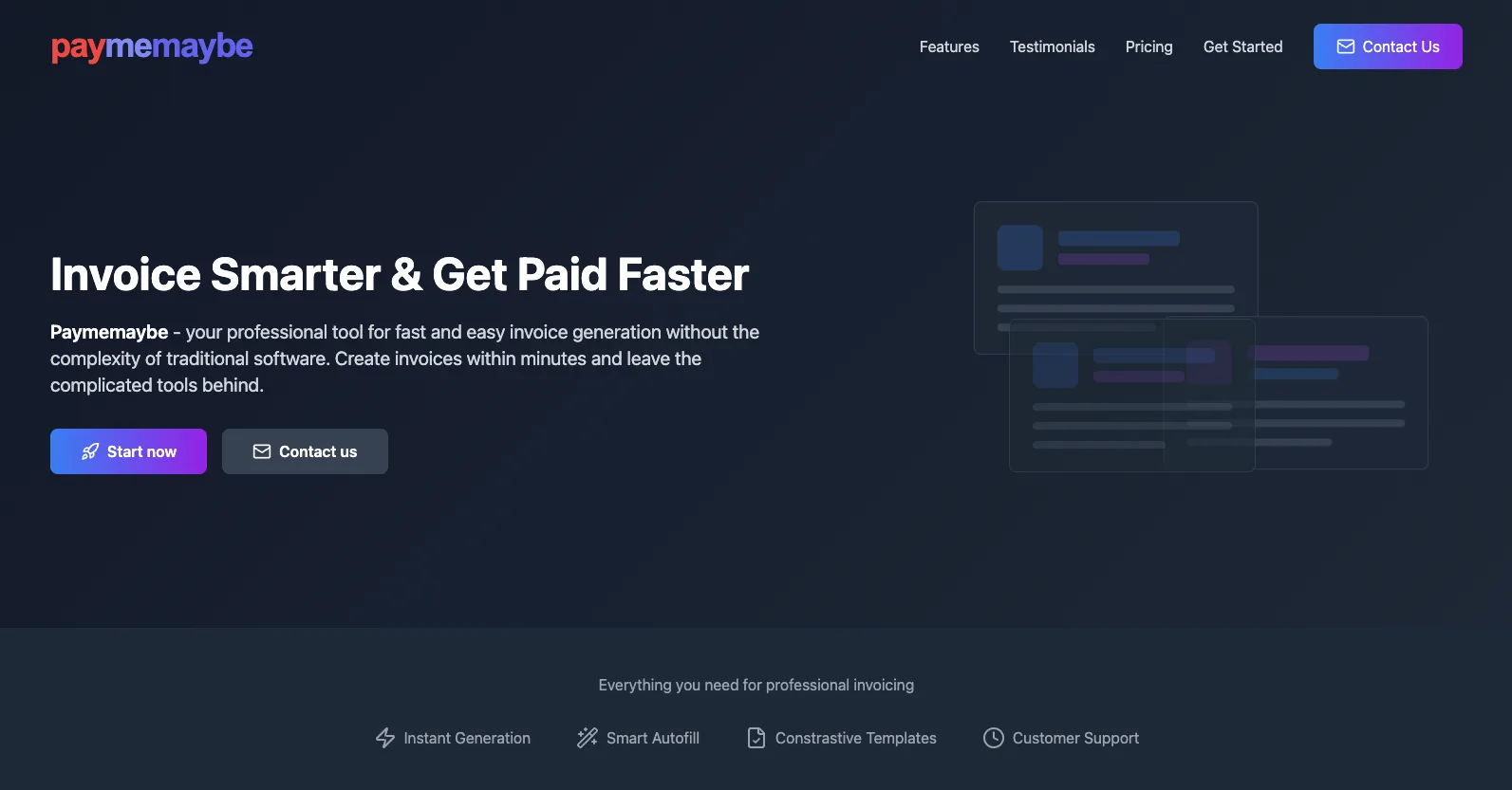 PayMeMaybe landing page for the invoice-generation SaaS